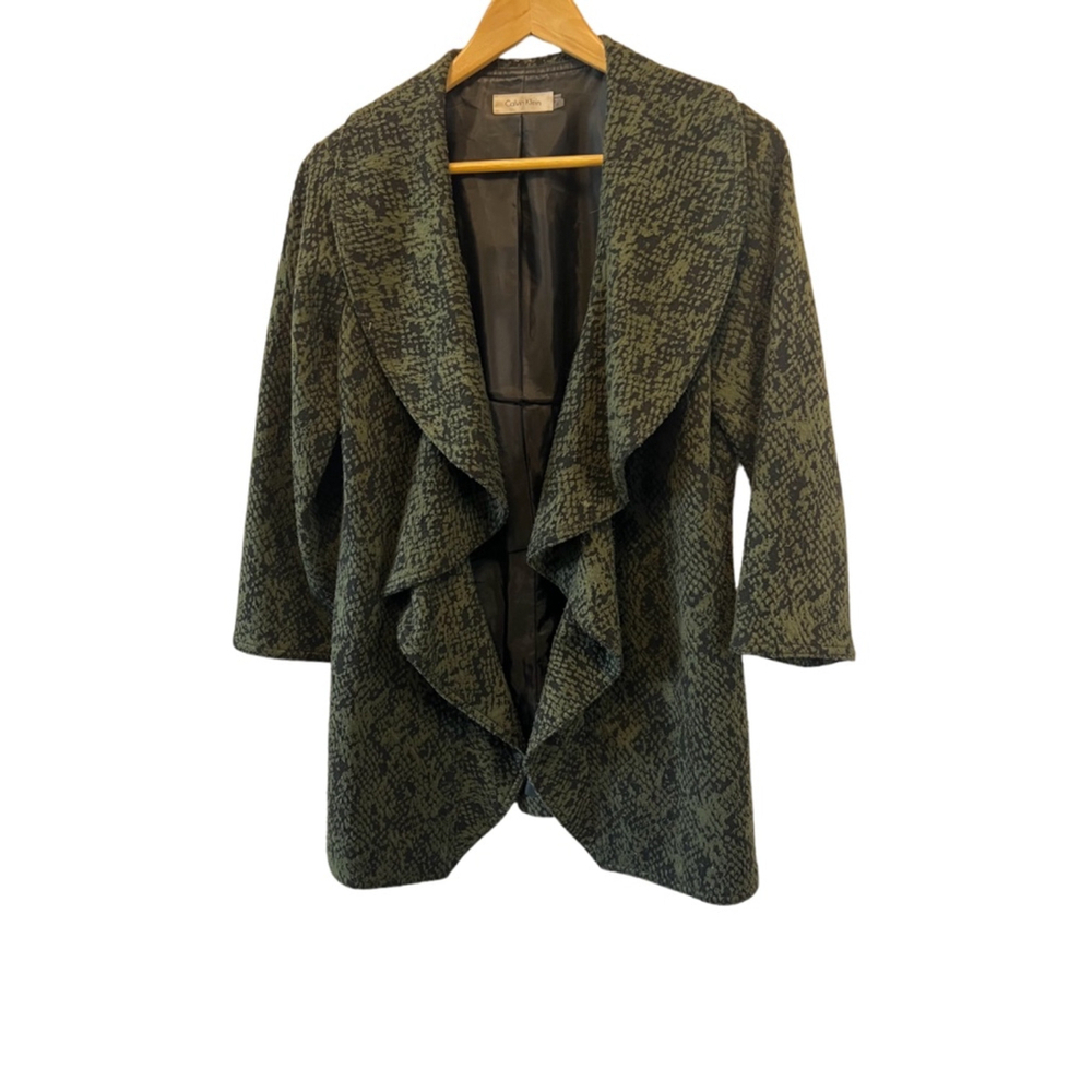 CALVIN KLEIN Green & Black Printed Long Sleeve Ruffle Front Open Blazer 6